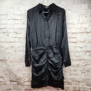 Retrofete Black Shirt Dress Satin Size Small Ruched Skirt Long Sleeve NWT